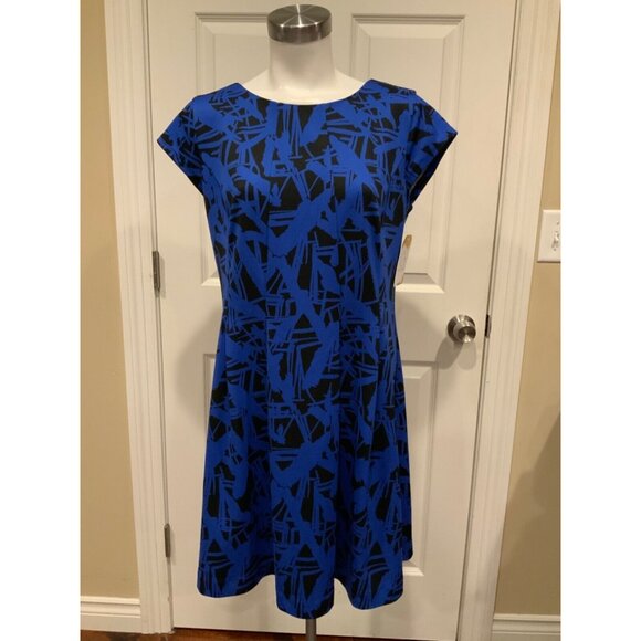 Michael Kors Blue & Black Geometric Fit & Flare Short Sleeve Dress Size 10 - Picture 1 of 8